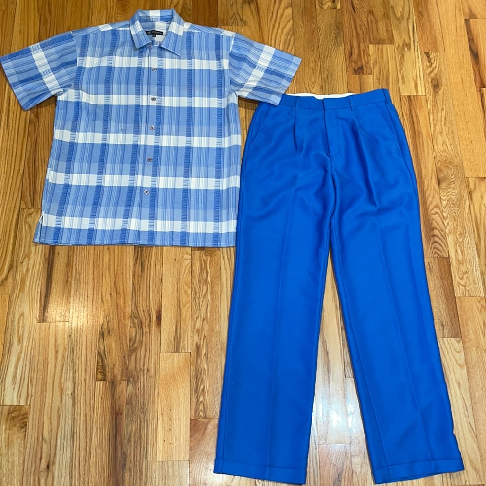 NEW Montique BLUE 2 piece polyester OUTFIT suit SHIRT W PANTS M / 33